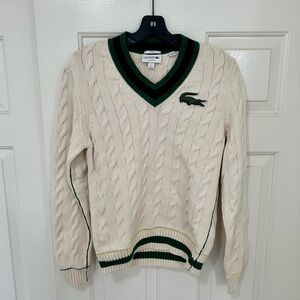 Lacoste V-Neck Sweater in Cream and Green